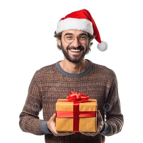 Chico Barbudo Con Sombrero De Navidad Sonriendo Y Sosteniendo Un Pequeño Regalo Png Dibujos