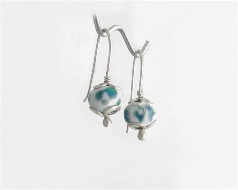 Sterling Silver Enameled Turquoise Blue Dangle Earrings