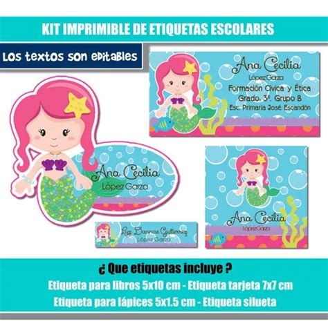 Kit Imprimible Etiquetas Escolares Sirena Fondo Mar Mod5 Cal En Venta