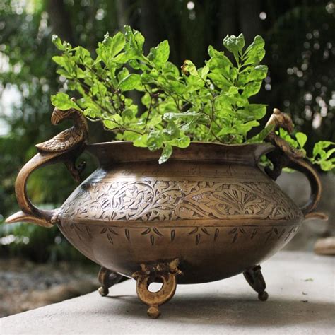 Exquisite Brass Planter With Floral Engraving And Twin Peacock Handles Theindianweave Brass