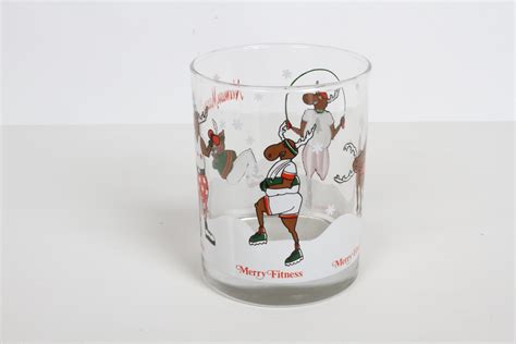 Vintage Neiman Marcus Holiday Christmas Theme Merry Fitness Bar Glasses