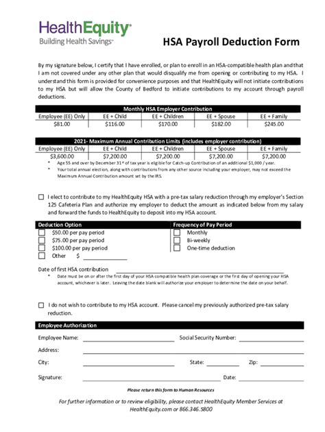 Fillable Online Payroll Deduction Form For Hsa Contributionemployee Hsa