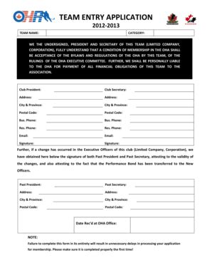 Fillable Online Team Entry Application Team Name Category