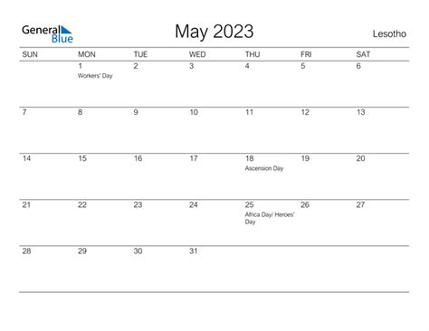 Lesotho May 2023 Calendar With Holidays