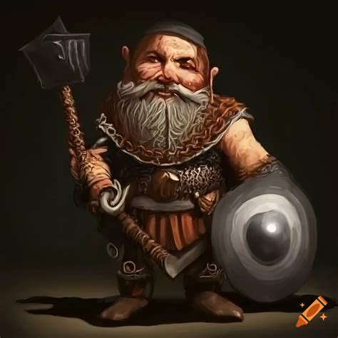 A Black Haired Hill Dwarf Wearing A Chainmail Armor And Holding A Mace