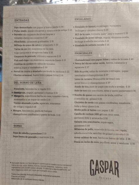 Carta del restaurante Gaspar Terraza Bistro Bogotá