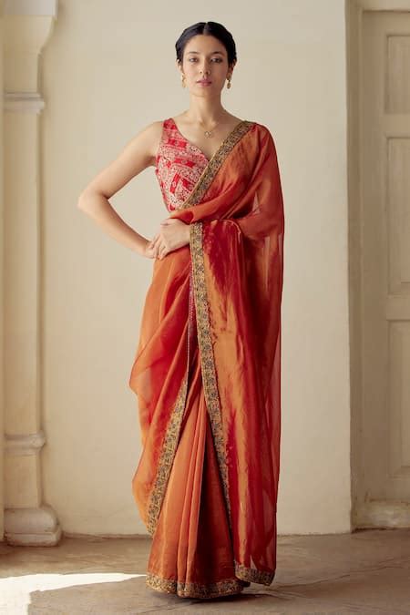 Buy Orange Saree Tissue Silk Woven Floral V Neck Neeksha With Blouse