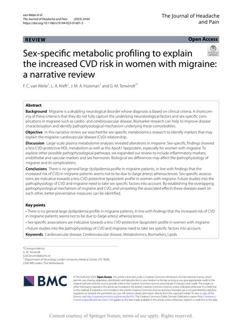 Pdf Sex Specific Metabolic Profiling To Explain The Increased Cvd Risk In Women With Migraine