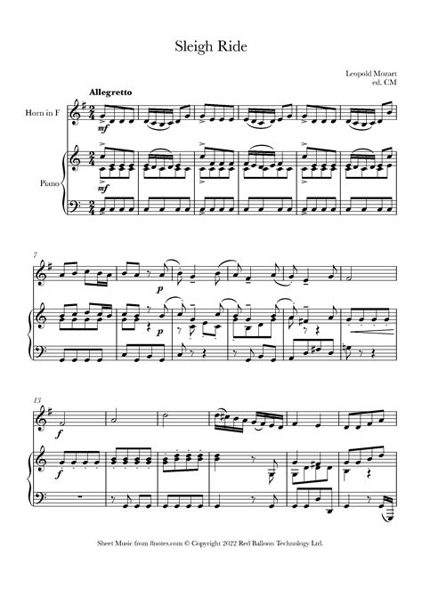 Mozart Leopold Sleigh Ride For French Horn Free Sheet Music For