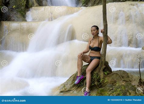 Woman Pretty Sit Relax On Waterfall And Bikini Stock Photo Image Of