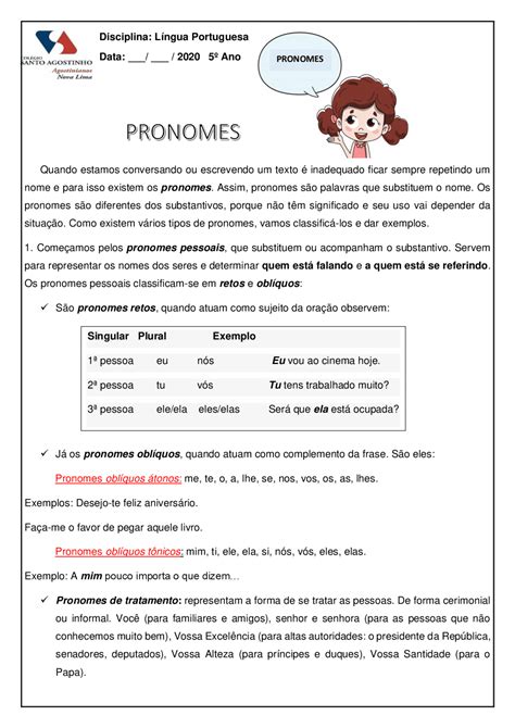 Pronomes Portugues Ensino Fundamental Esercizi Portoghese Docsity