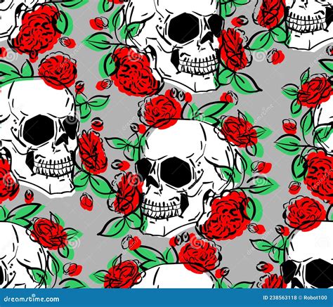 Skull And Flower Pattern Seamless Hand Drawing Skeleton And Roses