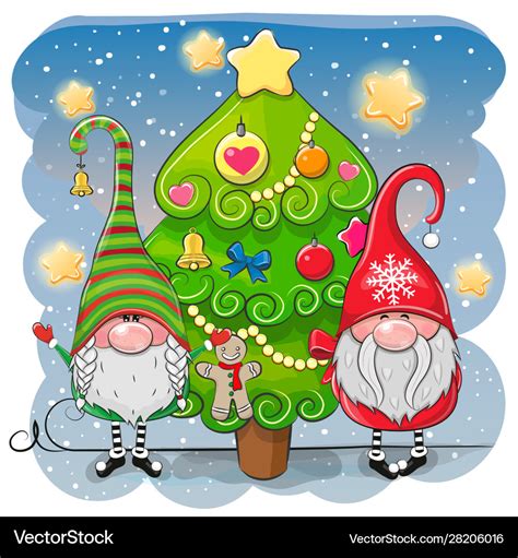 Cute Cartoon Gnomes And Christmas Tree Royalty Free Vector