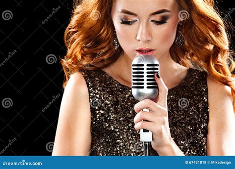 Beautiful Woman Singing With The Microphone Stock Photo Image Of