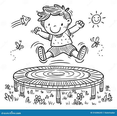 Cartoon Happy Boy Jumping On Trampoline Kid Outdoors Activities