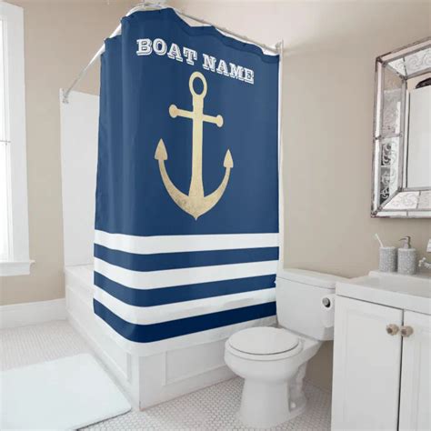 Nautical Gold Anchor Navy Blue Striped Shower Curtain Zazzle