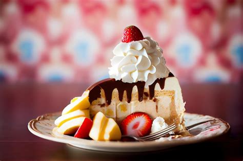 Una rebanada de pastel de crema de plátano con crema batida y fresas