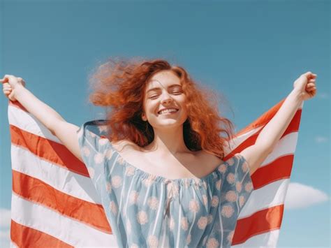 Jovem Mulher Sorridente Segurando A Bandeira Dos Eua Nas M Os No Fundo