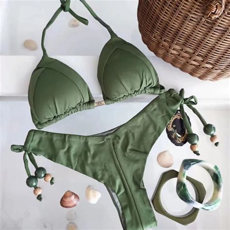 Womens Olive Green Bikini Set With Tie Detailing On Luulla