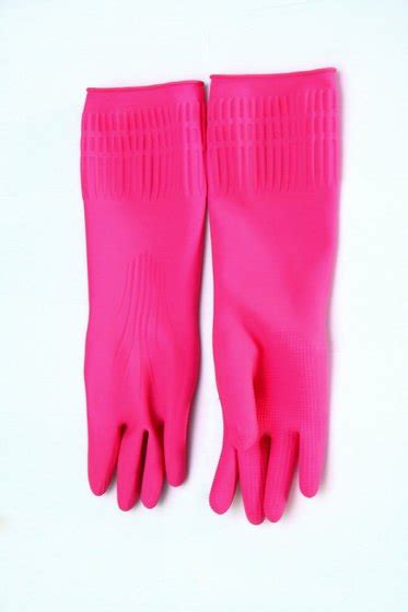 Pink Yellow Unisex REUSABLE HOUSEHOLD RUBBER GLOVES With WRINKLE At