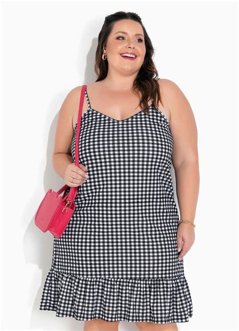 Vestido Xadrez Preto Barra Babado Plus Size Marguerite