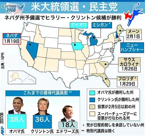 【図解】＜08米大統領選挙＞ネバダ州予備選終了、民主党の結果 写真1枚 国際ニュース：afpbb News