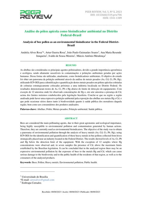 Pdf An Lise Do P Len Ap Cola Como Bioindicador Ambiental No Distrito