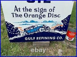 GULF SUPREME MOTOR OIL X LARGE HEAVY PORCELAIN SIGN 52x 25 NEAR MINT