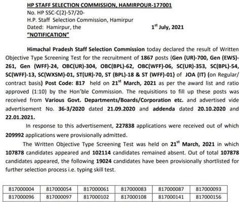 HPSSC HPSSSB JOA Result 2021 Post Code 817 Out Hpsssb Hp Gov In