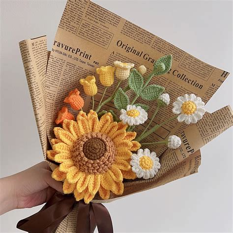 4 In 1 Flower Bouquet Pattern Bundle Crochet Double Layer Sunflower