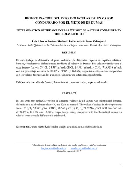 Pdf DeterminaciÓn Del Peso Molecular De Un Vapor Condensado Por El MÉtodo De Dumas