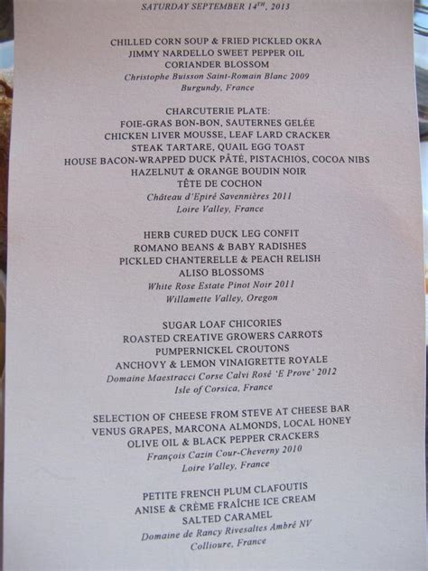 Menu at Beast restaurant, Portland