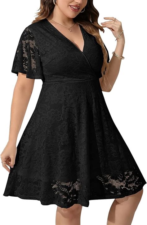 SCOMCHIC Women Plus Size Lace Cocktail Dresses Summer Wrap V Neck Short