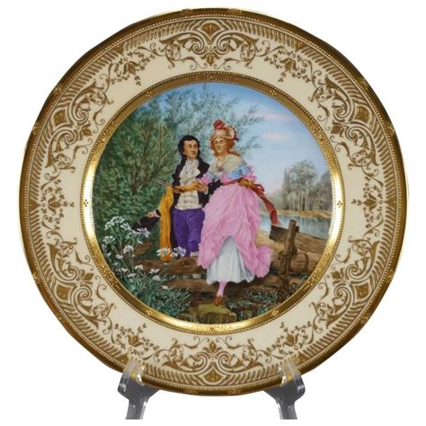 Dresden Hand Painted Watteau Scene Ivory Raised Beaded Gold