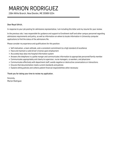 Admissions Representative Cover Letter Velvet Jobs