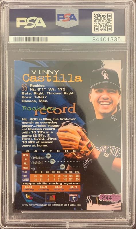 Vinny Castilla Auto Signed Card 1994 Topps Colorado Rockies PSA