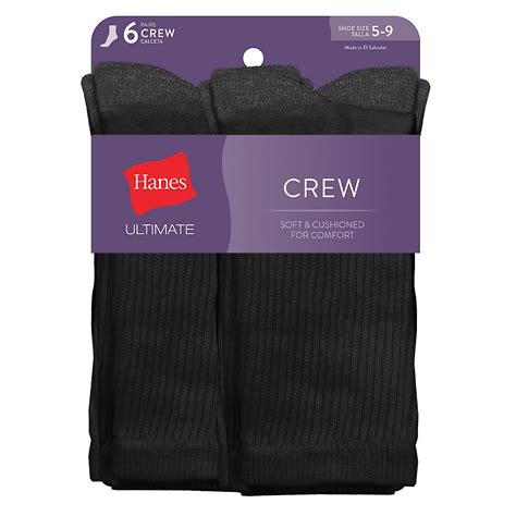 Hanes Ultimate Womens Crew Socks Cushioned 6 Pairs Black 5 9