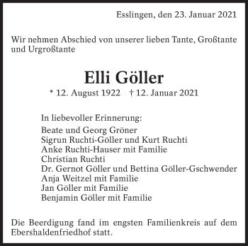 Traueranzeigen Von Elli G Ller Zeit Des Gedenkens De