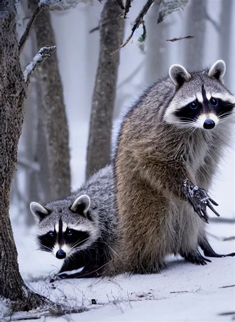 Beautiful Photo Of A Raccoon Playing In A Snow Forest Stable