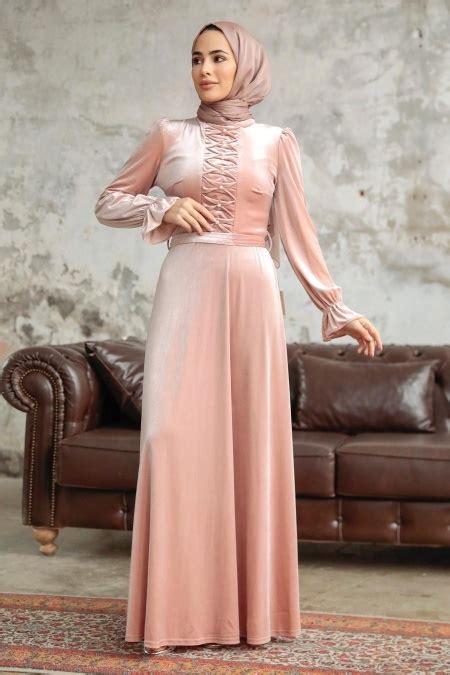 Neva Style Salmon Pink Velvet Hijab Maxi Dress 37091smn