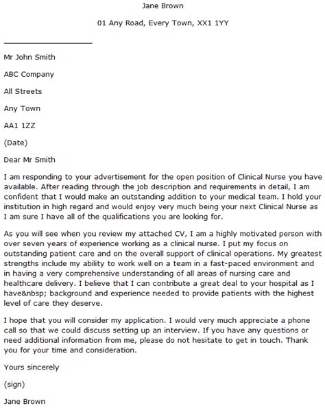 Clinical Nurse Cover Letter Example