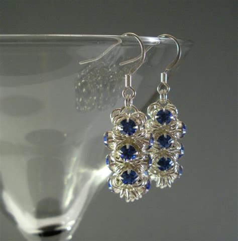 Japanese Chain Maille Earrings In Sapphire Blue Swarovski Crystal