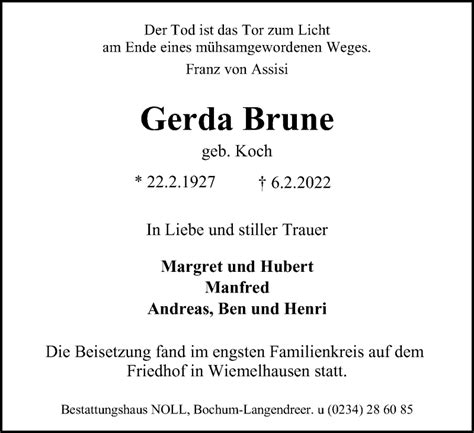 Traueranzeigen Von Gerda Brune Trauer In Nrw De