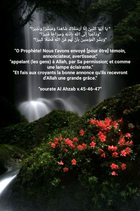 A Waterfall With Flowers In The Foreground And An Arabic Text Above It