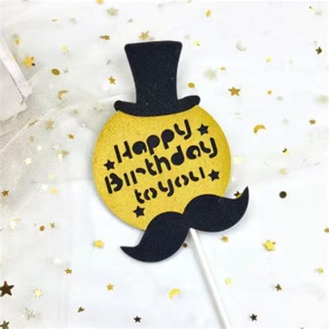 Ins Black Hat Beard Gold Happy Birthday Paper Card Cake Topper Baking