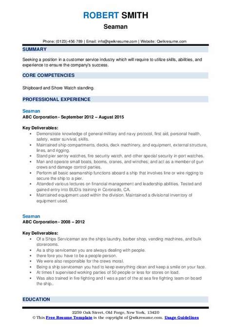 Seaman Resume Samples Qwikresume