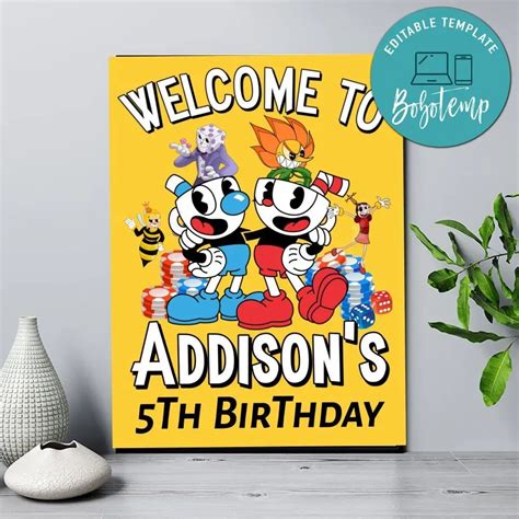 Cuphead Birthday Welcome Sign Digital File Printable Diy Bobotemp