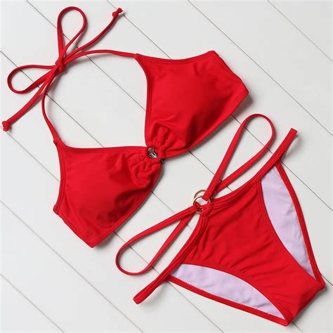 Halter Bandage Swimwear Women Red Black Bikini Set Sexy Push Up Bikini