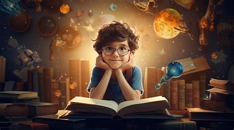 Premium Photo | A boy with glasses reading a book