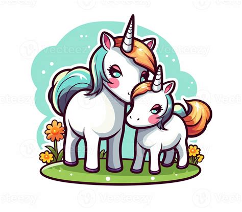 Cartoon Unicorns Standing In A Field With Flowers And Grass Generative